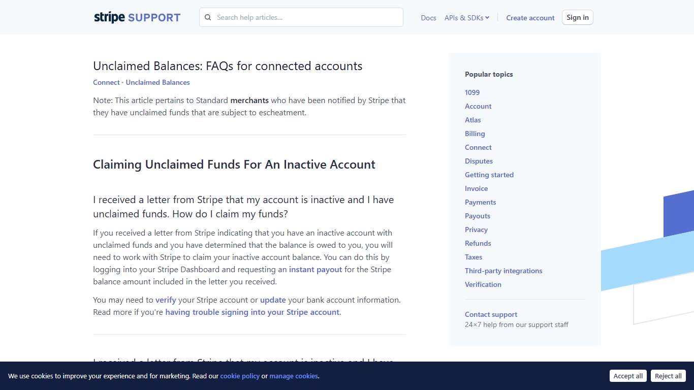 Unclaimed Balances: FAQs for connected accounts : Stripe: Help & Support