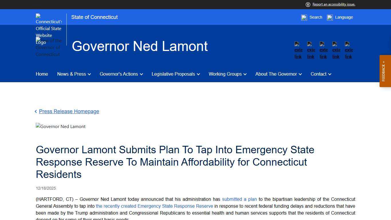 Governor Lamont Submits Plan To Tap Into Emergency State Response Reserve To Maintain Affordability for Connecticut Residents